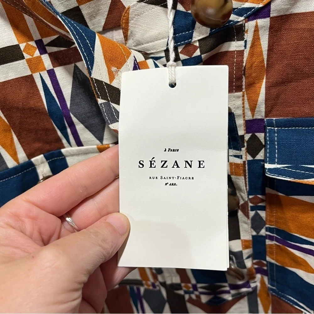 Sézane NEW Colorful Geometric Mini Lulu Dress Size 40 Linen Cotton Blend - Picture 10 of 13